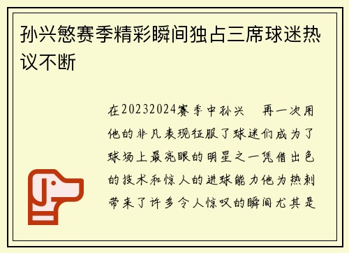 孙兴慜赛季精彩瞬间独占三席球迷热议不断